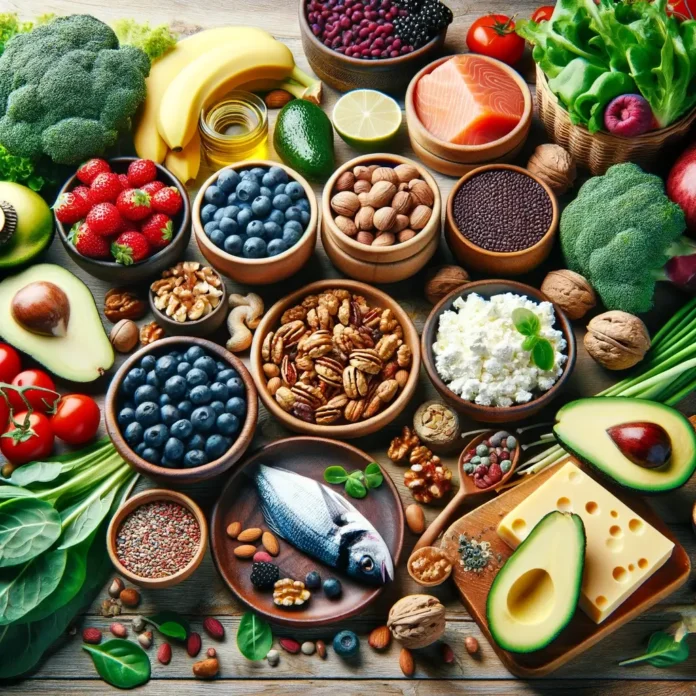 Įvairūs supermaisto produktai ant medinio stalo, įskaitant uogas, tamsiai žalias lapines daržoves, riešutus, sėklas, žuvį, varškę, pupeles ir avokadus