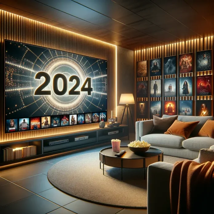 kino kambarys ir didelis ekranas per kuri rodomi geriausi serialai 2024