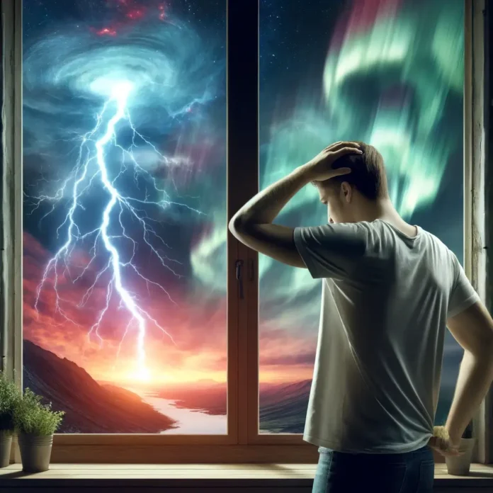 Magnetinės audros poveikis sveikatai – žmogus prie lango su galvos skausmu