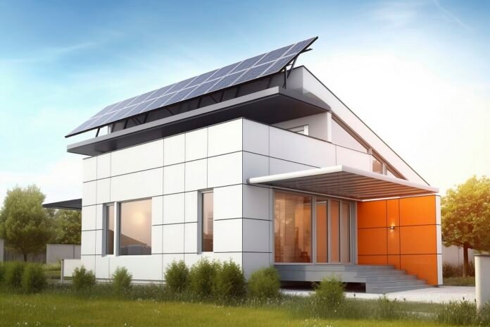 Energetinė nepriklausomybė – modernus namas su saulės panelėmis ant stogo, leidžiančiomis savarankiškai pasigaminti elektros energiją.