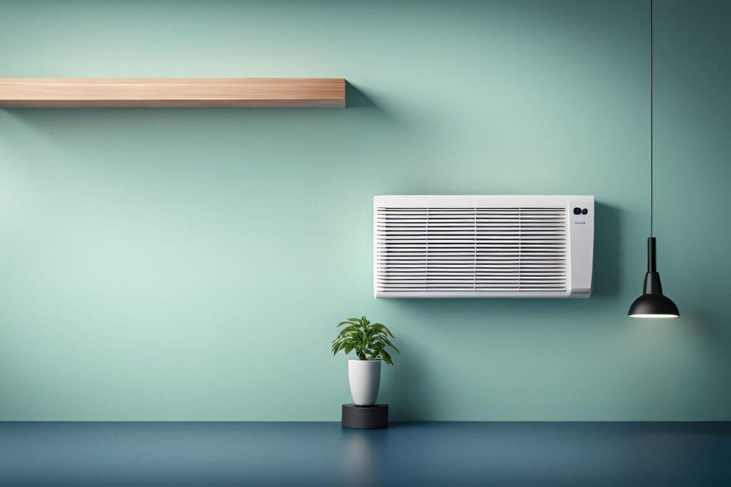 Kondicionieriai ir ekologija moderniame interjere su augalu ir šviestuvu