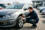 Automobilis išsimokėtinai iš aikštelės: kodėl verta apžiūrėti gyvai? Pirkėjas automobilių aikštelėje apžiūri transporto priemonės ratą – naudoto automobilio pirkimas gyvai leidžia geriau įvertinti jo būklę prieš priimant sprendimą.
